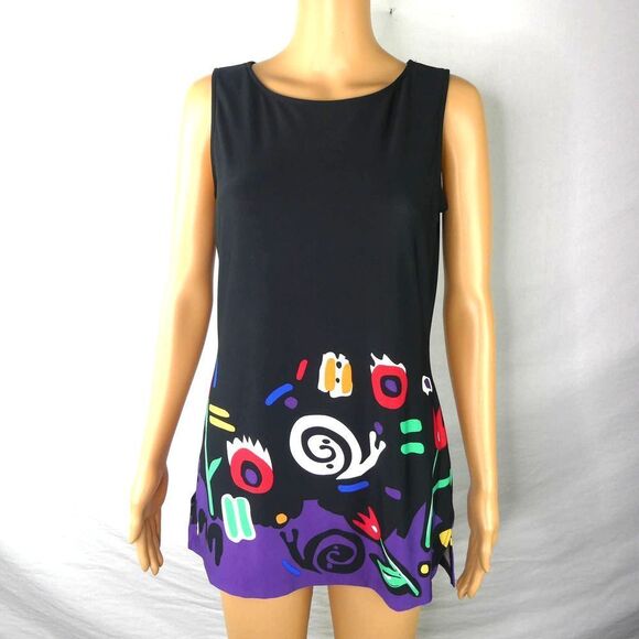 Very Vollbrach Postmodern 1980s Style Snail Floral Tunic Blouse Black Colorful S - Picture 1 of 10